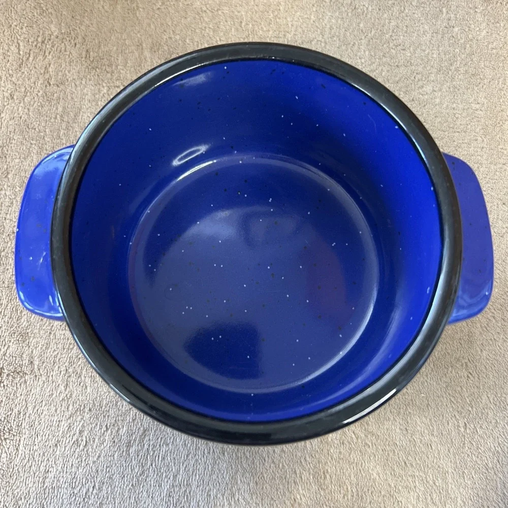 Von Pok & Chang Royal Blue Soup Bowls Stoneware‎ w/Black Rim Set of 2